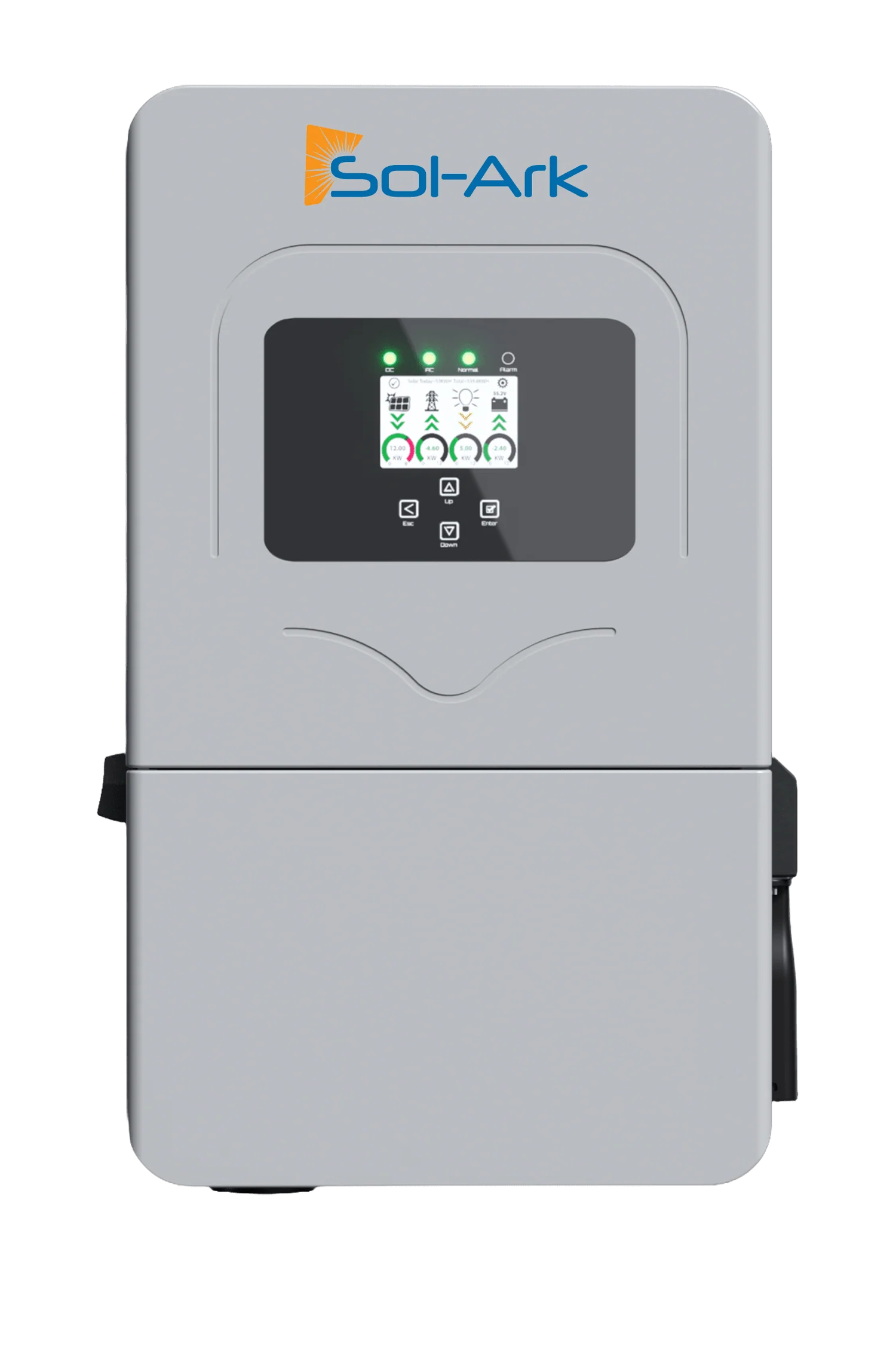 Sol-Ark Limitless 12K-2P-LL hybrid inverter front view with integrated touchscreen display and 12kW whole-home backup capability.