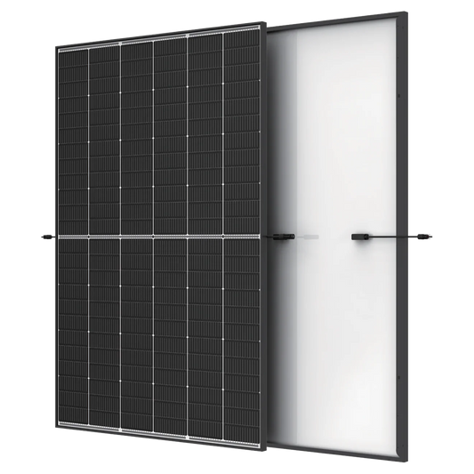Trina Solar Vertex S+ 445W TOPCon solar panel front view – sleek black monocrystalline design with high efficiency.