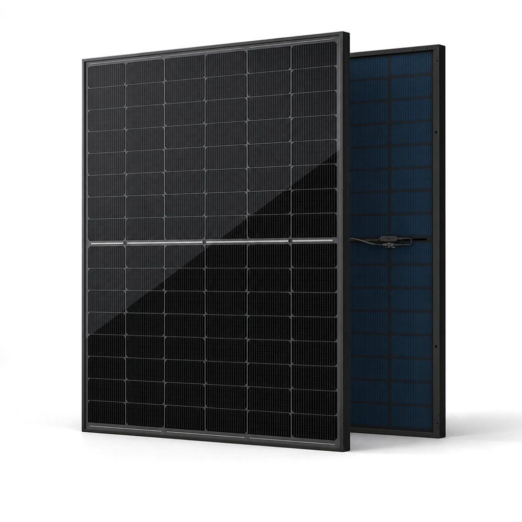 ZNShine 450W N-Type bifacial double-glass solar panel featuring black-on-black monocrystalline cells and durable dual-glass construction.