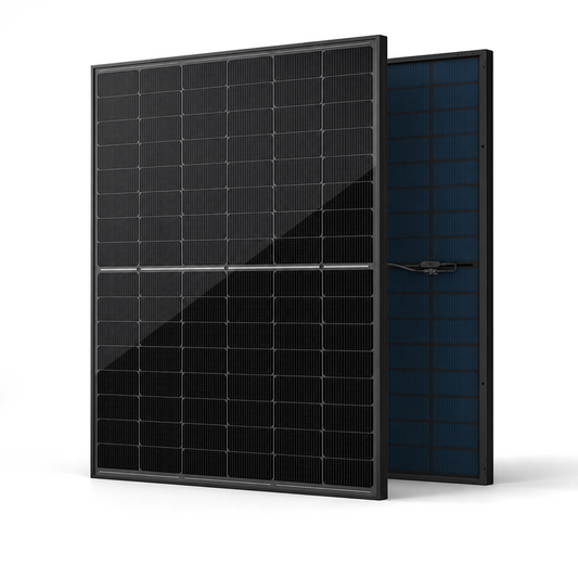 ZNShine 450W N-Type bifacial double-glass solar panel featuring black-on-black monocrystalline cells and durable dual-glass construction.