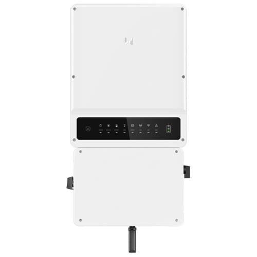 A white Goodwe split phase hybrid inverter with a display and connectors visible on the front panel.